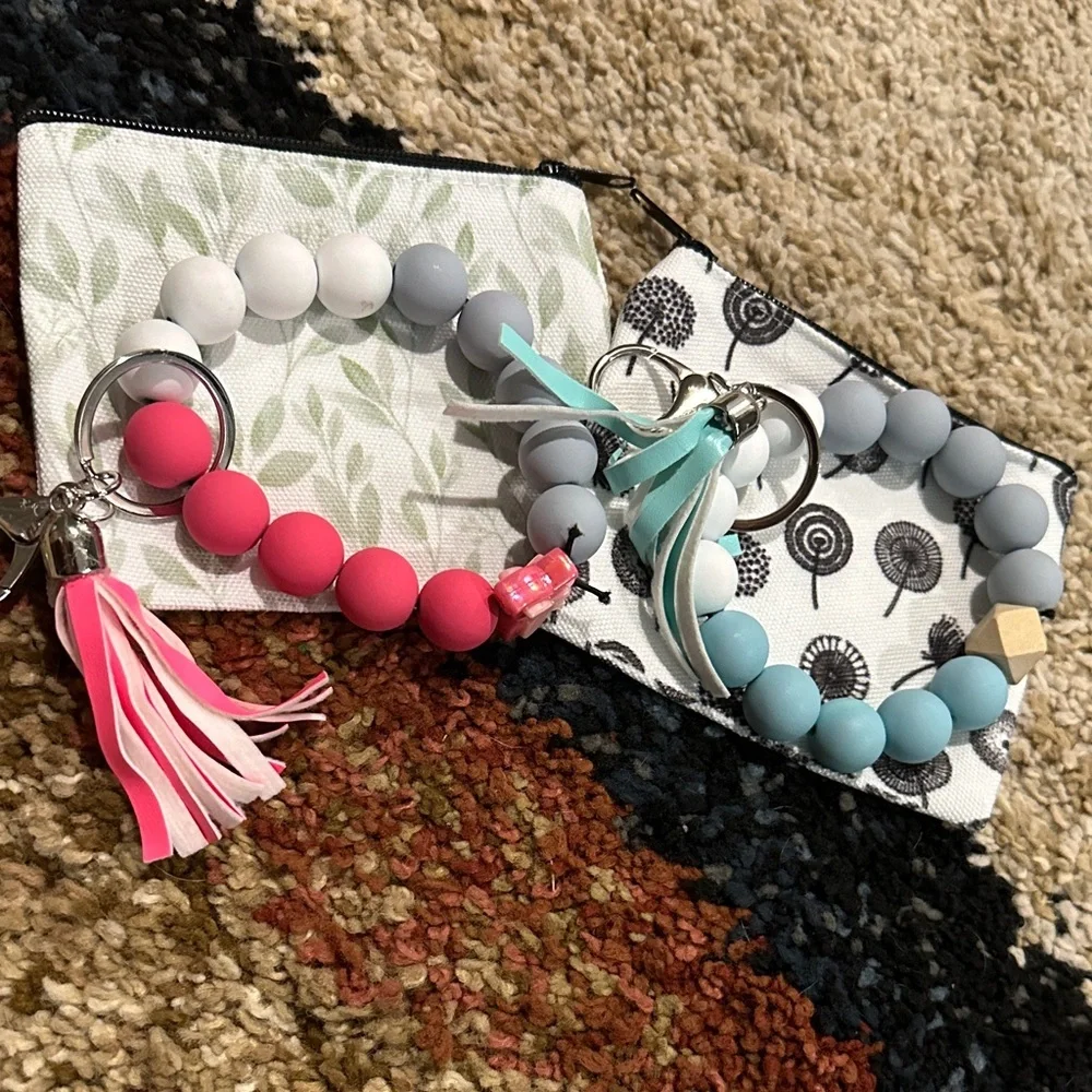 Accessory Set of 4 Includes 2 Small Zip Pouches & 2 Silicone Keychain Bracelets